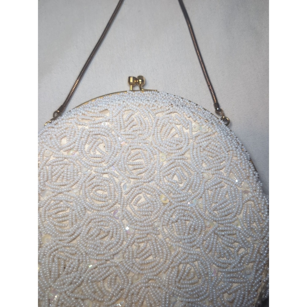Vintage White Hand-Beaded Clutch Evening Bag W/ Clasp Handmade in Hong Kong 7" - Picture 3 of 11